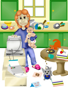 computer generated artwork created in photoshop of messy kitchen stay at home mom and new baby